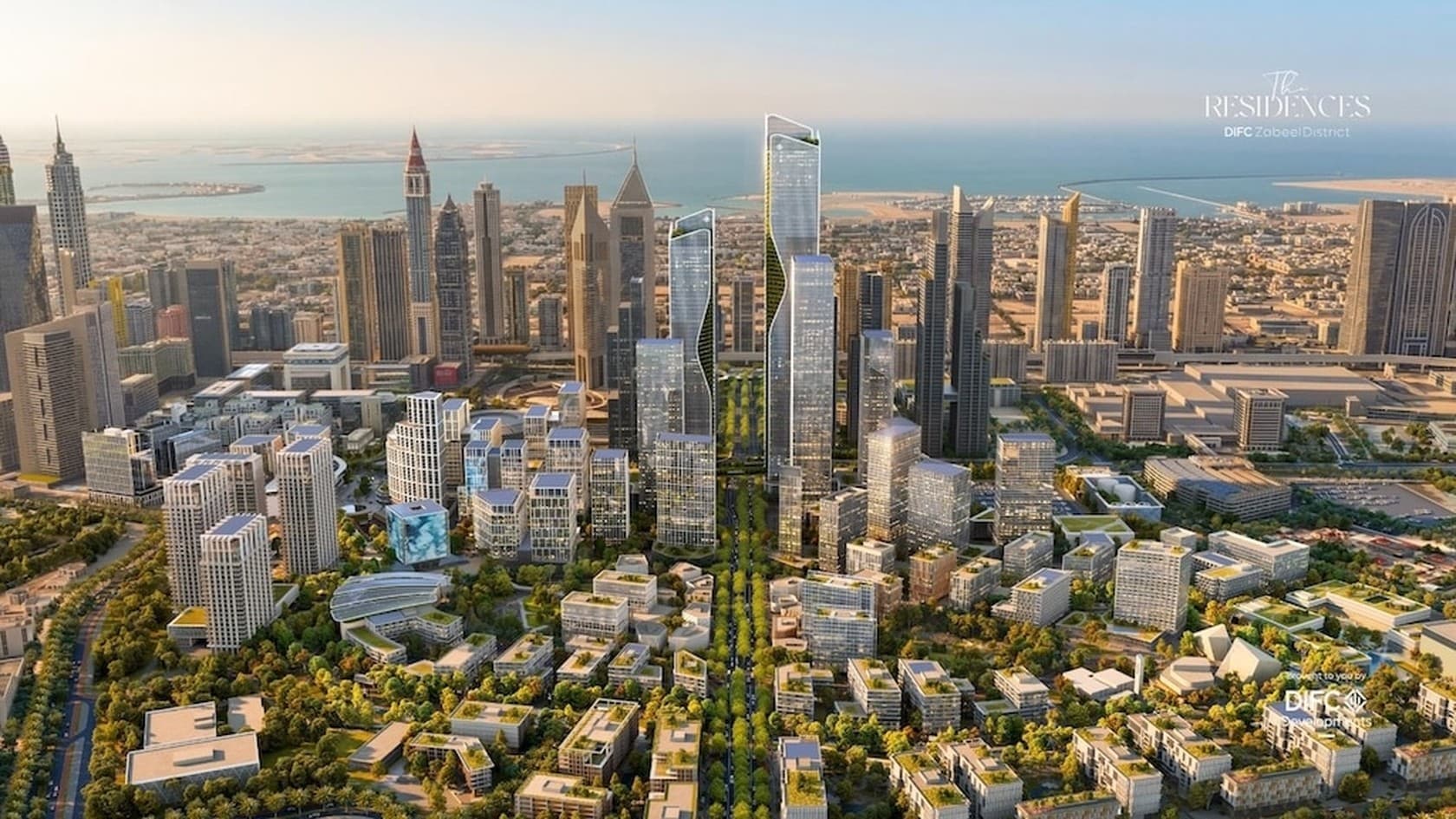 Masterplan render of DIFC Zabeel District with The Residences towers above Za'abeel