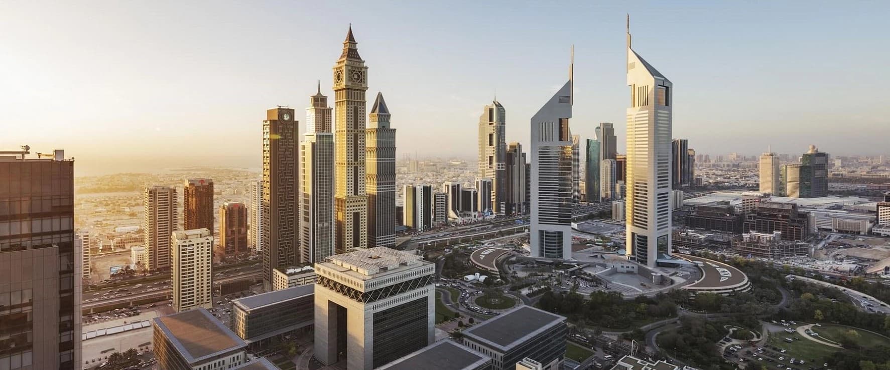 Daylight aerial of DIFC with the Gate building and Emirates Towers