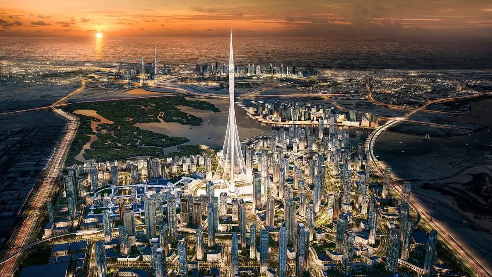 Masterplan render of Dubai Creek Harbour at sunset with Dubai Creek Tower at its center