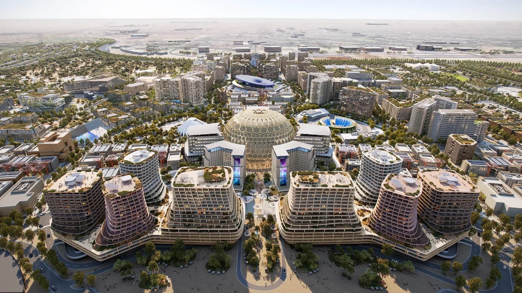 Masterplan render of Expo City Dubai around the Al Wasl dome
