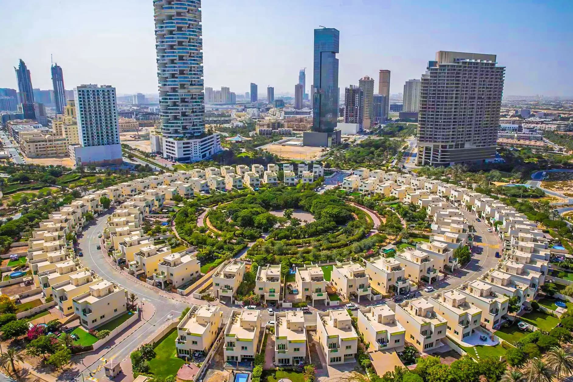 Aerial view of the Jumeirah Village Circle villa rings around the central park