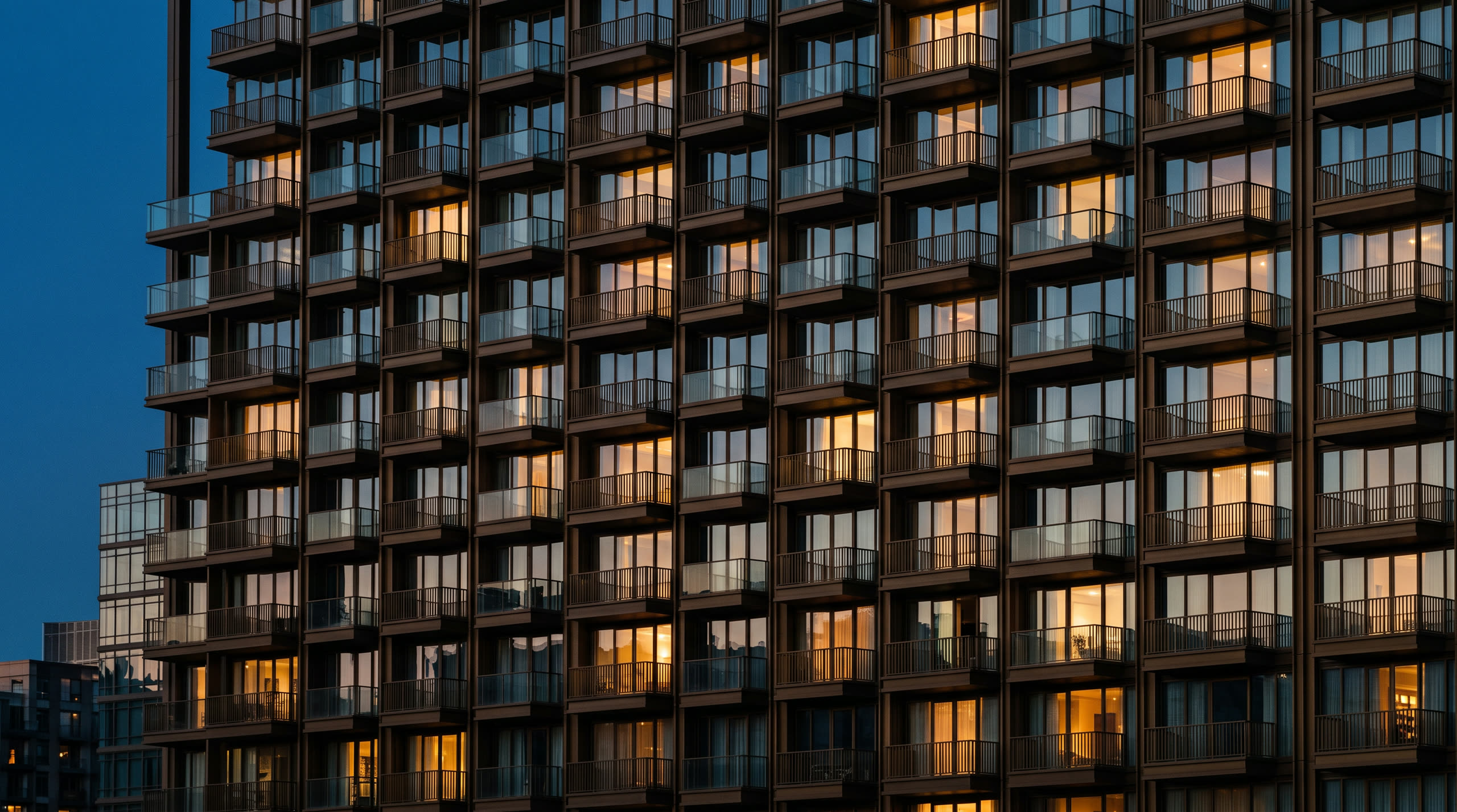 Residential facade at dusk, balconies lit warm