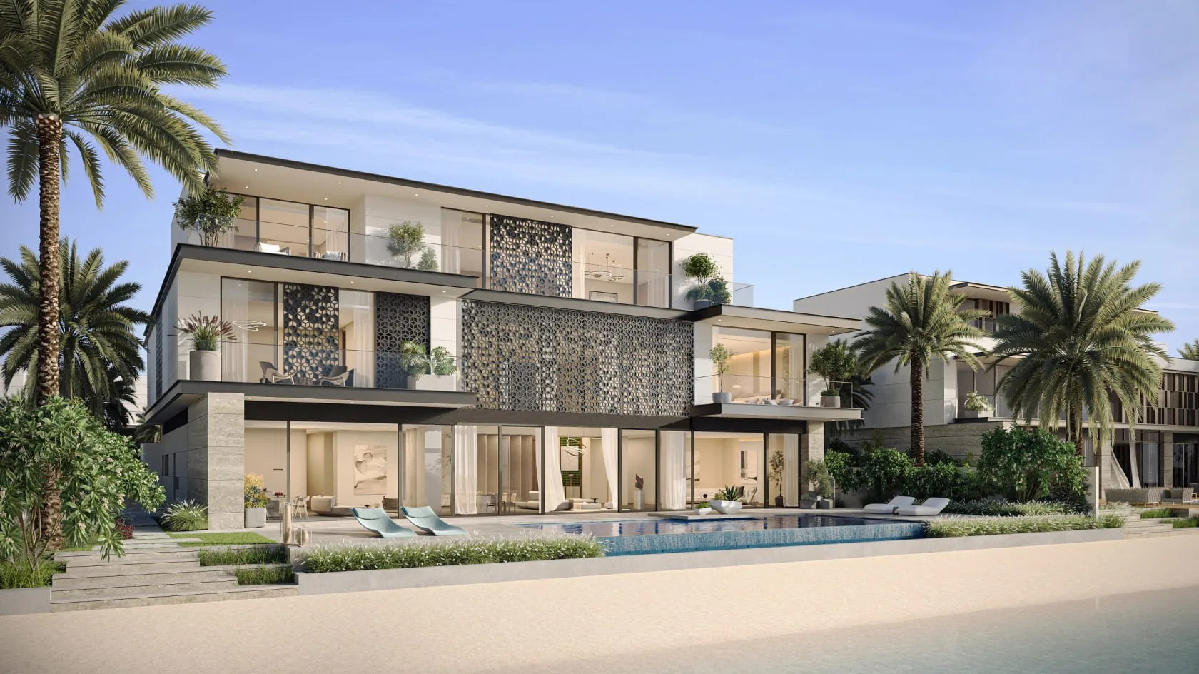 New beach villa design with mashrabiya screens and infinity pool