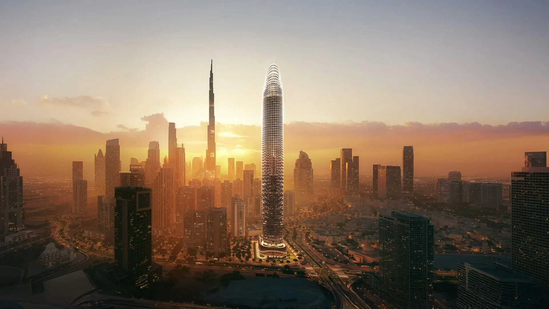 Binghatti Skyblade tower on Burj Khalifa Boulevard at sunset