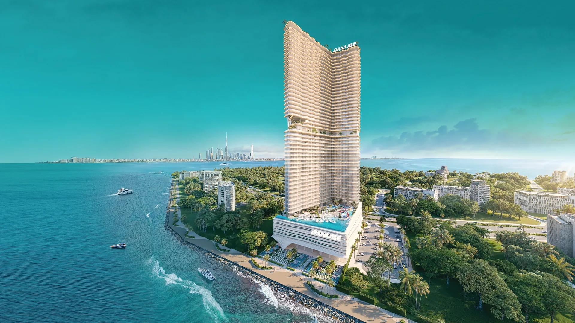 Aerial of the wavy tower, Downtown across the water