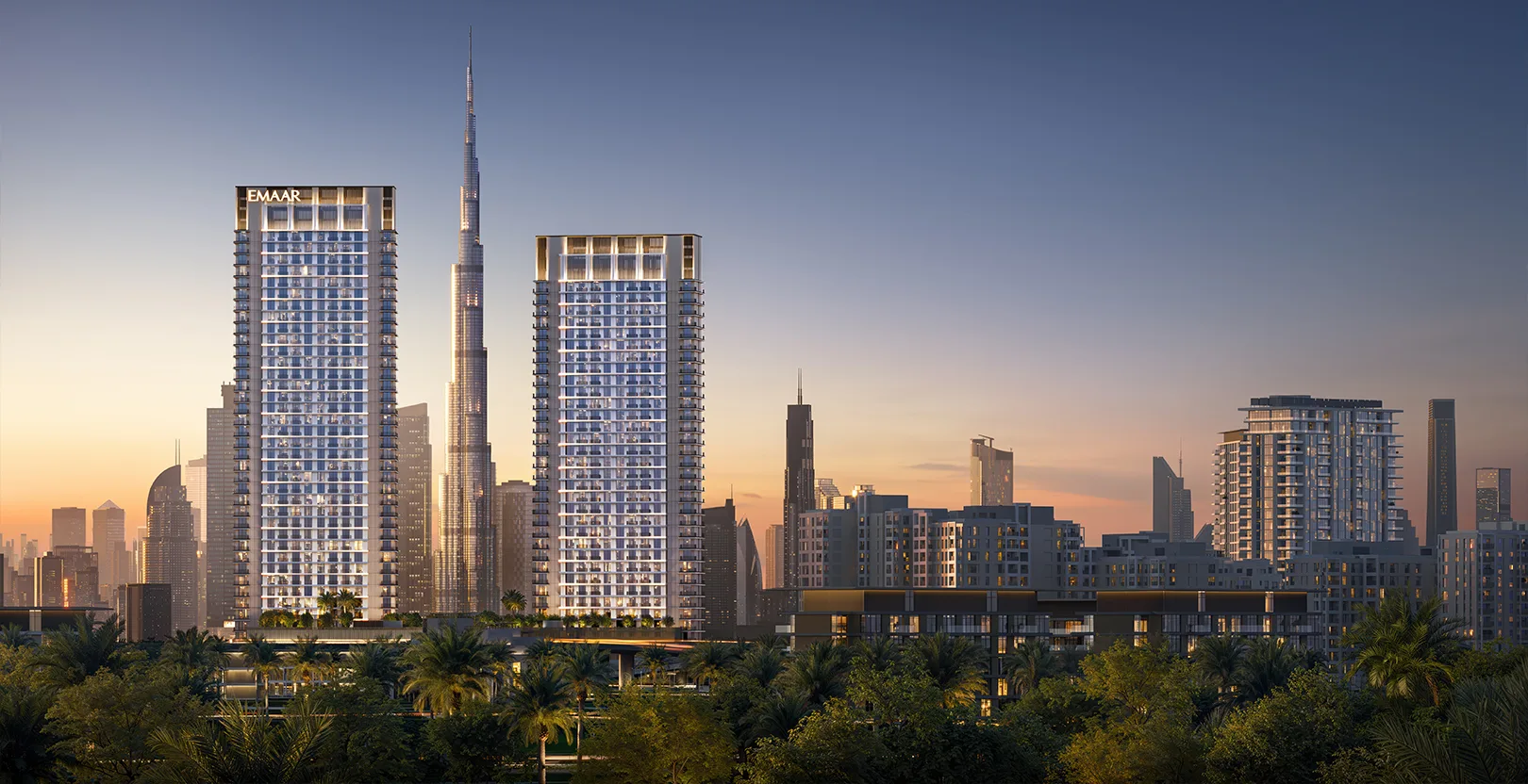 Creek Haven's twin towers with Burj Khalifa behind