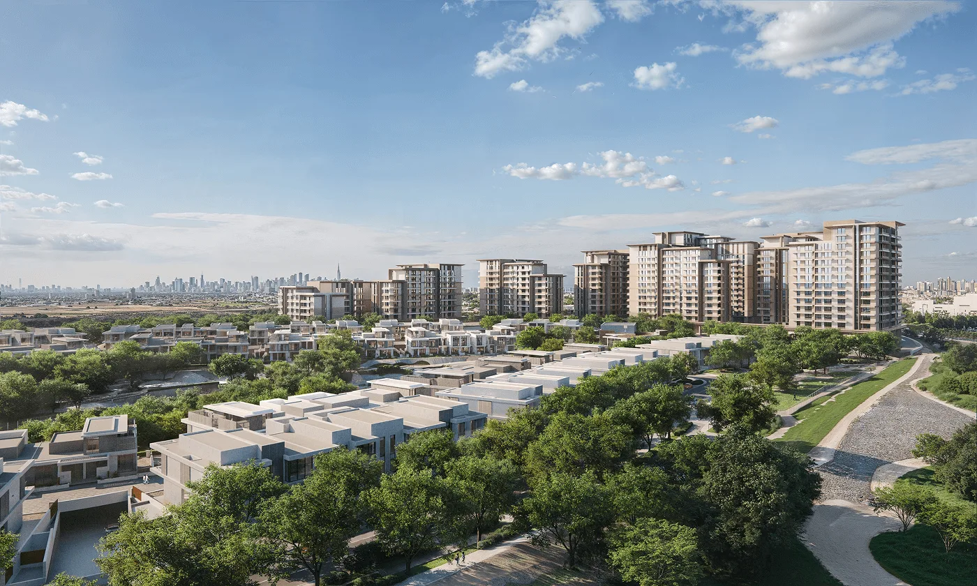 Aerial of the wadi-edge low-rise community