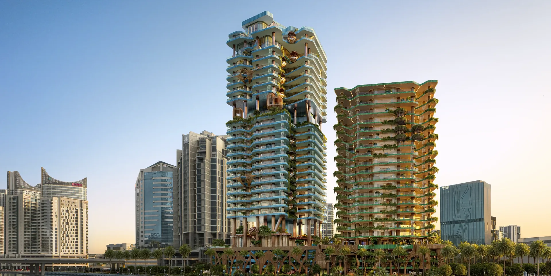 Both biophilic tree-covered towers, day render