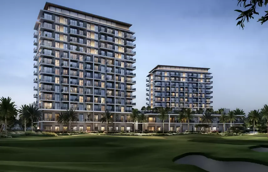 Grove Ridge towers over the golf course at dusk