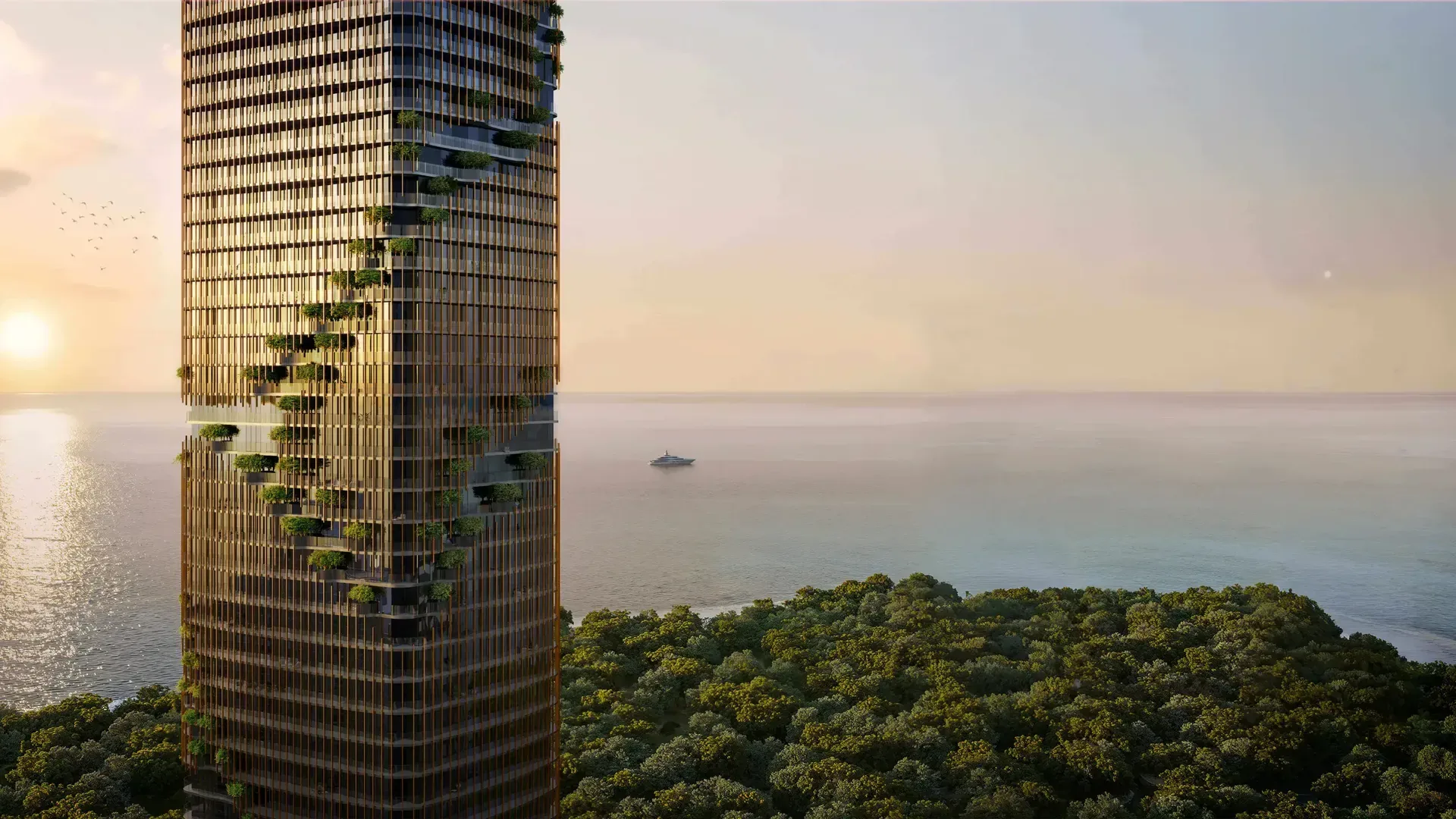 Bronze-fin tower with planted balconies at sunset