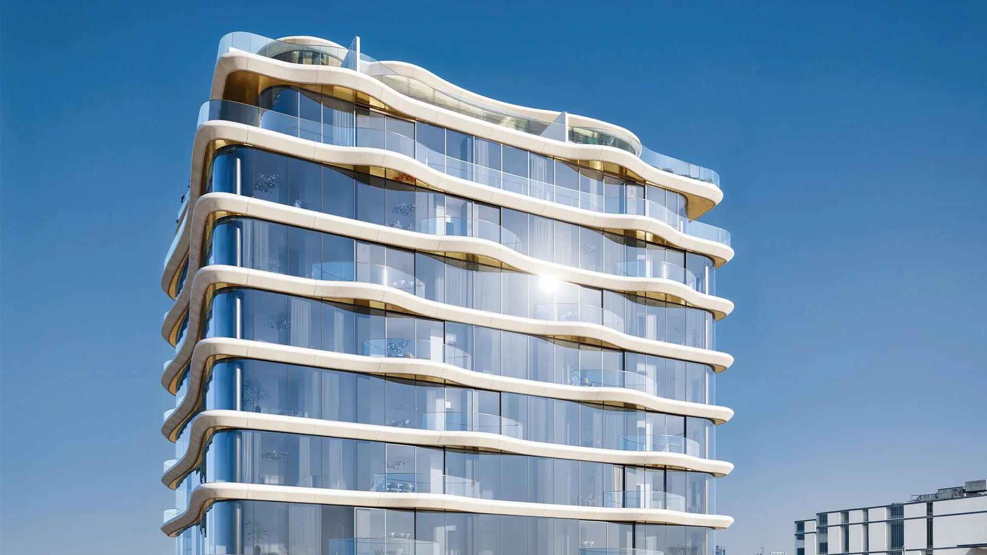 Boutique tower with undulating white slab edges
