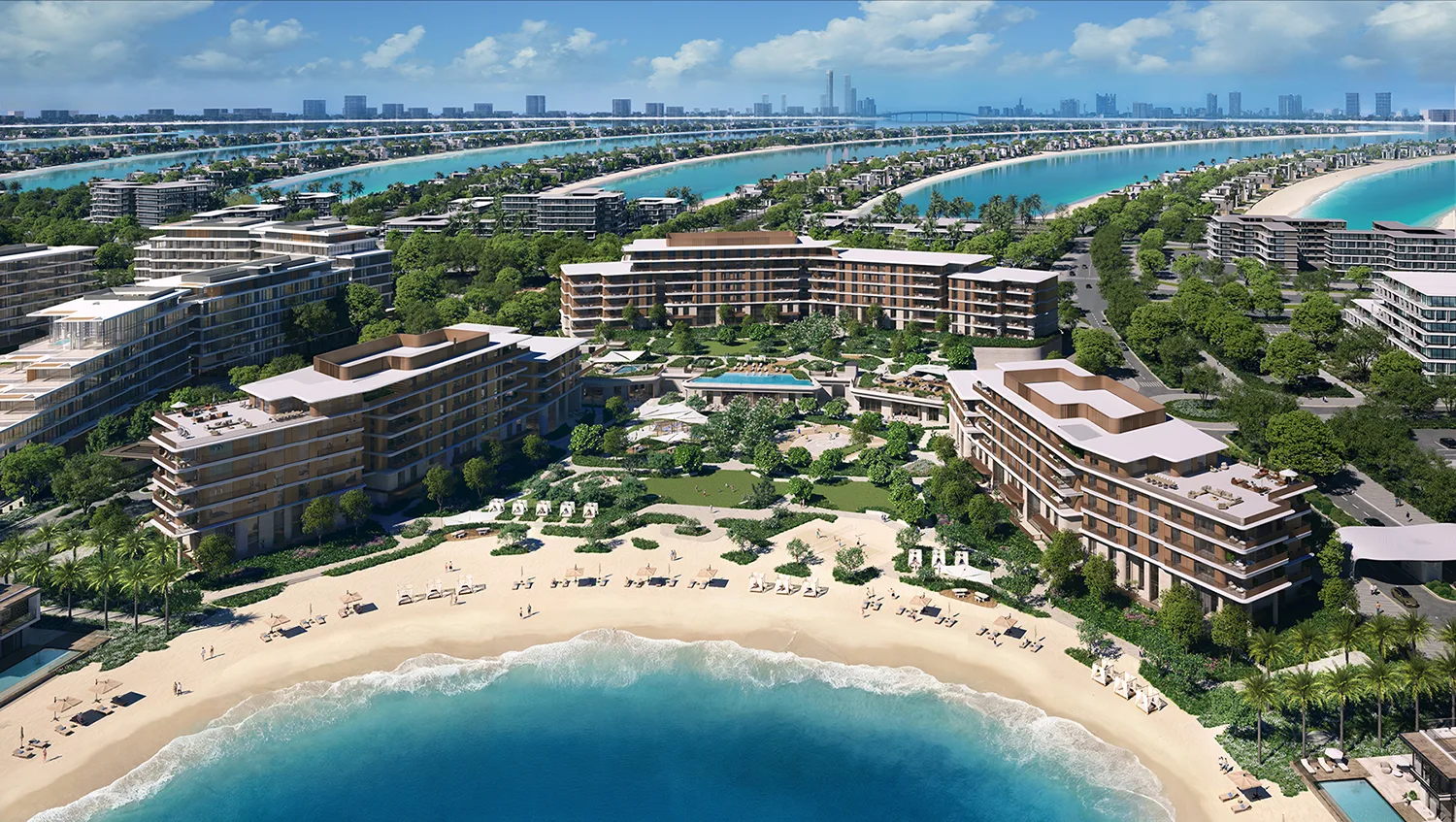 Aerial of the bronze apartment cluster around the beach cove