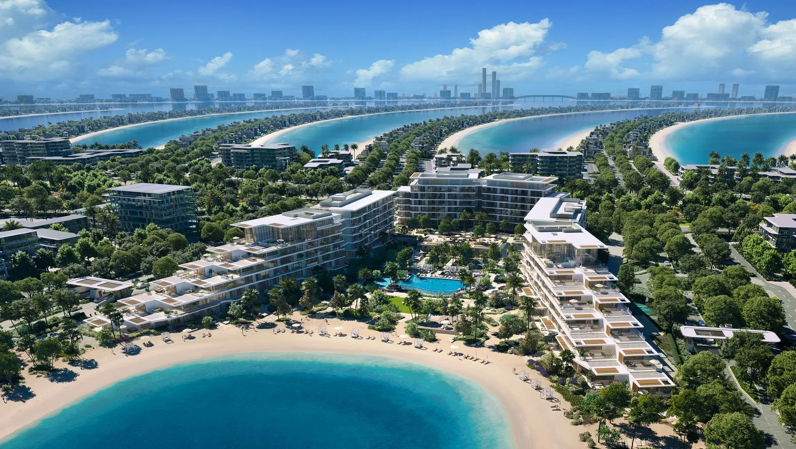 Palm Central apartment blocks around a beach lagoon on Palm Jebel Ali