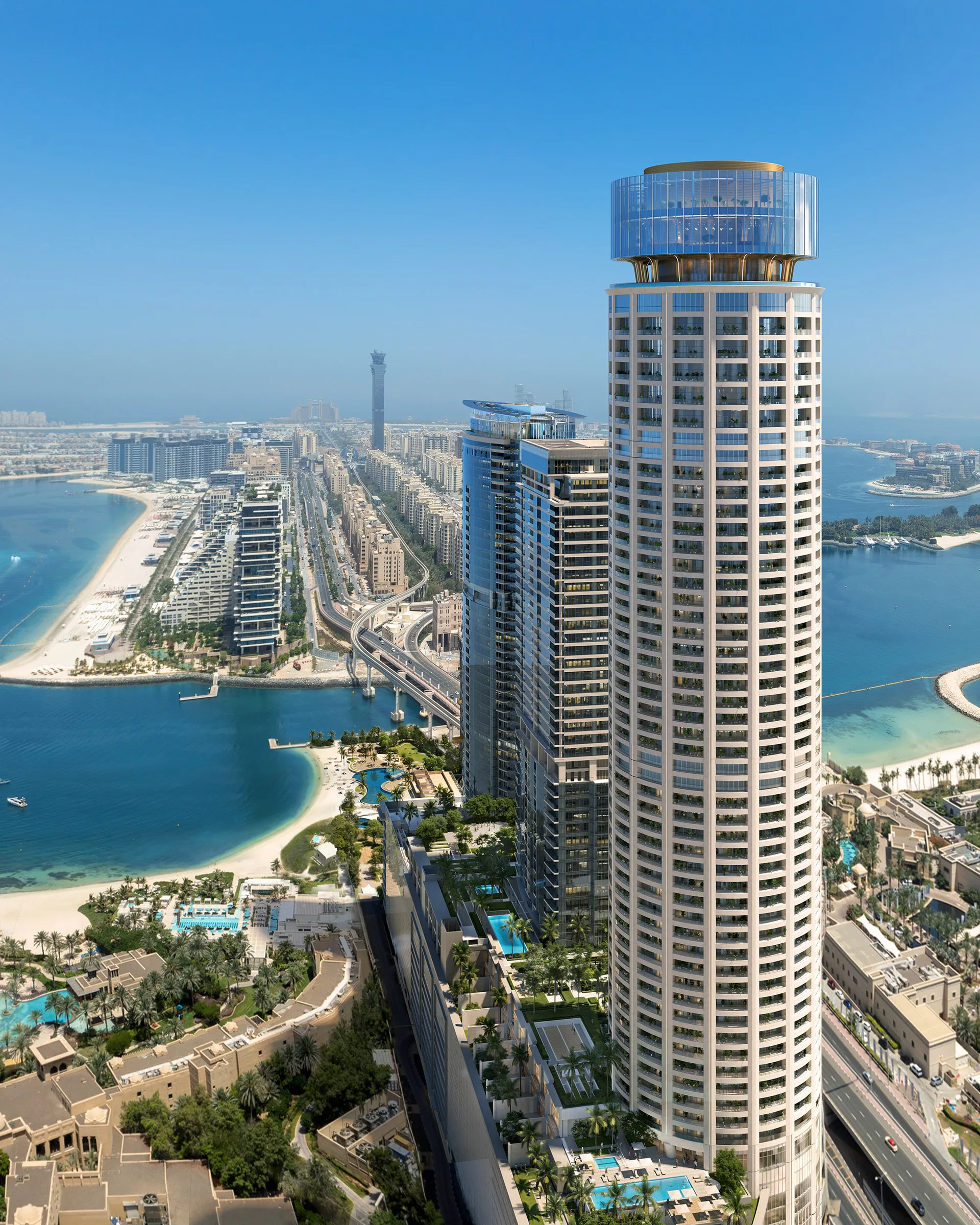 Aerial of the crown-top tower on the Palm trunk with Atlantis in view