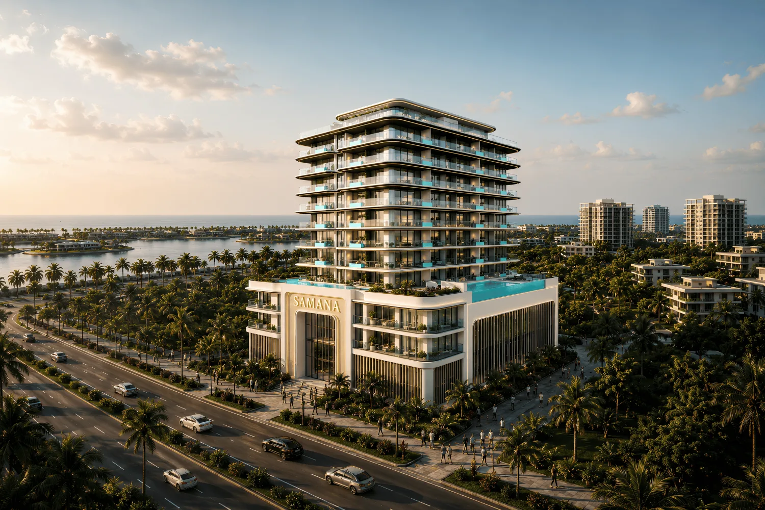 Tower with private-pool balconies over the lagoon