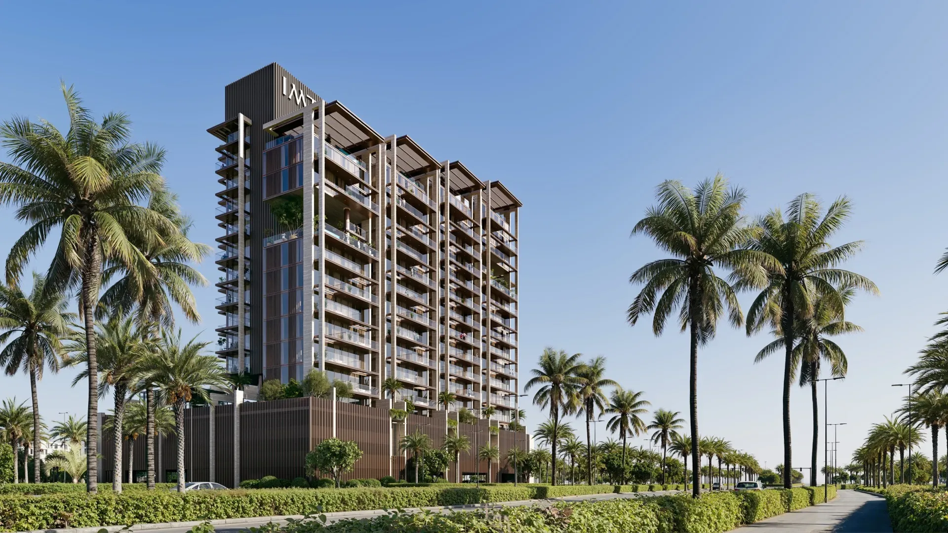 Fin-facade tower on a palm-lined boulevard