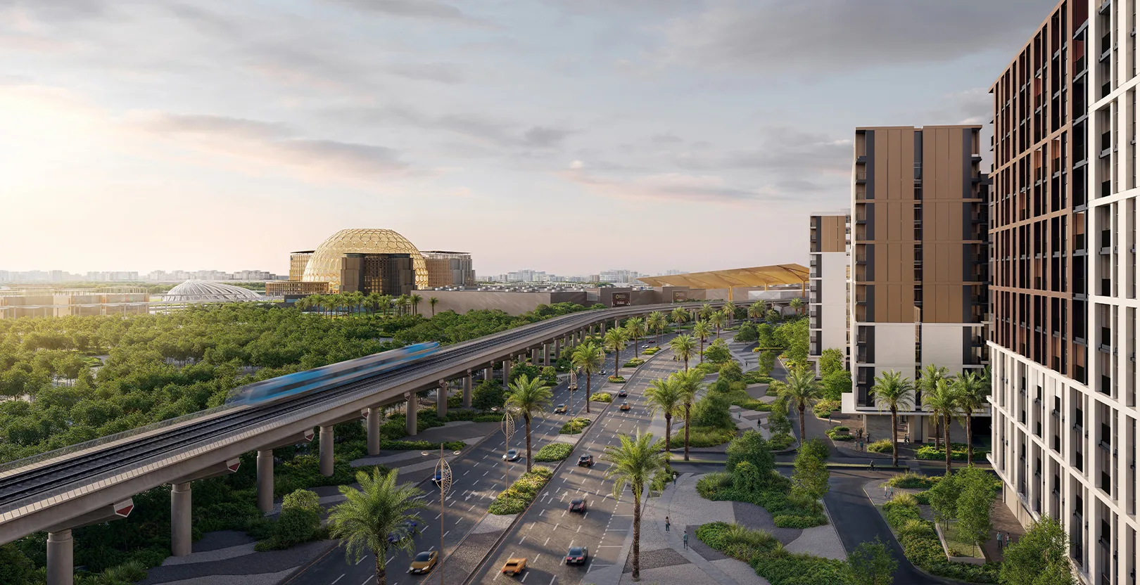 The boulevard with the metro line and Al Wasl dome beyond
