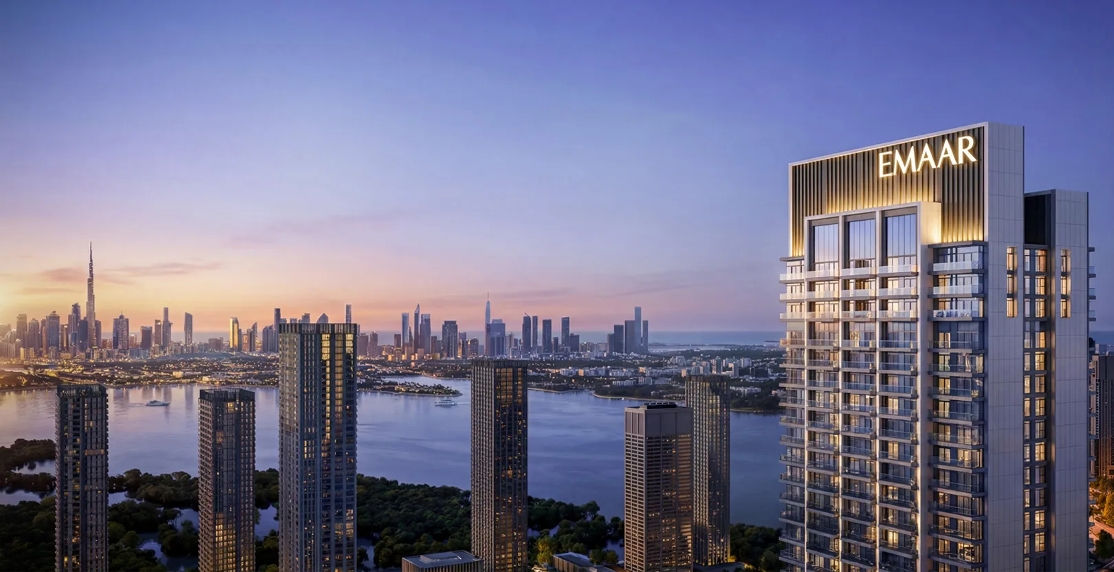 Valia's tower crown over the Creek Harbour lagoon at dusk